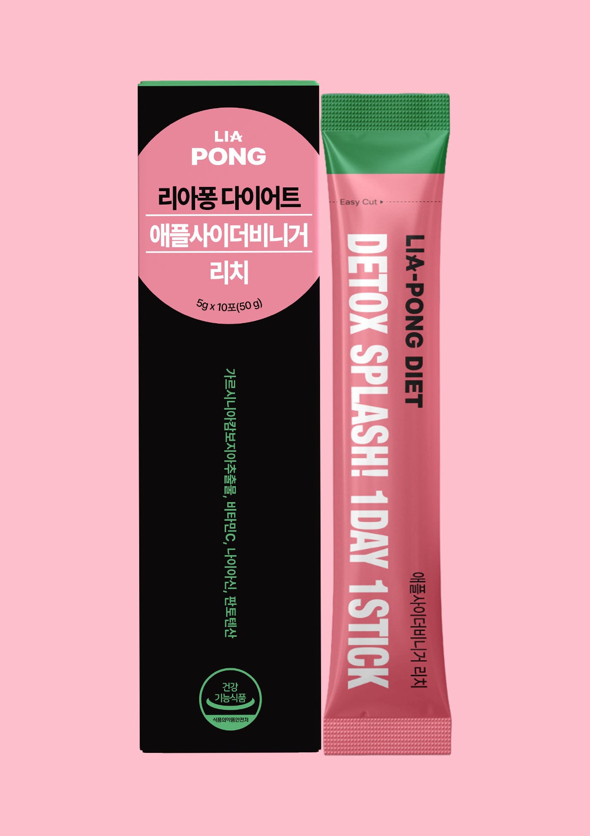Lia Pong Detox Splash 1 Day Stick packaging on a pink background